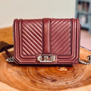 REBECCA MINKOFF Love Crossbody — Burgundy Quilted Leather & Silver Chain 🍷🖤